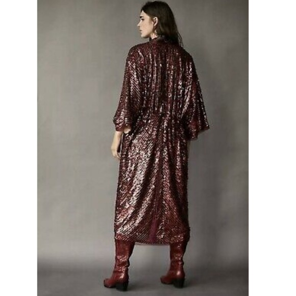 NWOT FREE PEOPLE Red Sequin Long Belted Duster - Picture 2 of 12